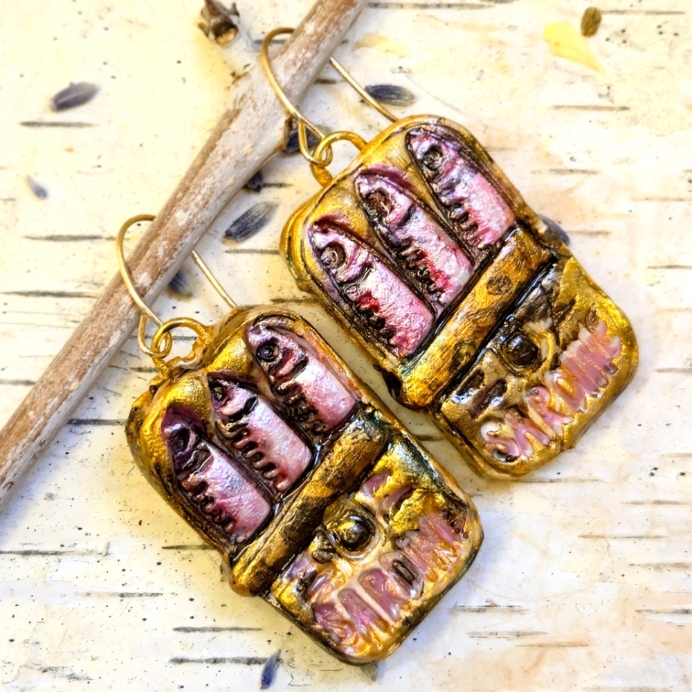 Handpainted Rustic Pink Three Sardines In Can Earrings